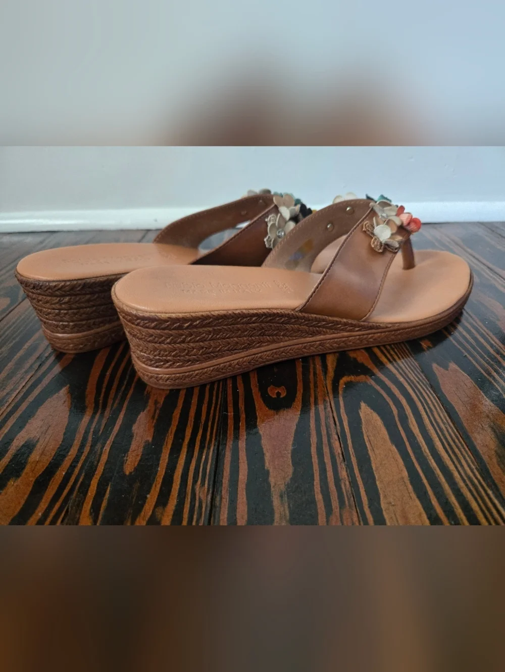 Fabio Maggenti Italy Floral Leather Wedge Thong Sandals Size 9.5 Brown 2